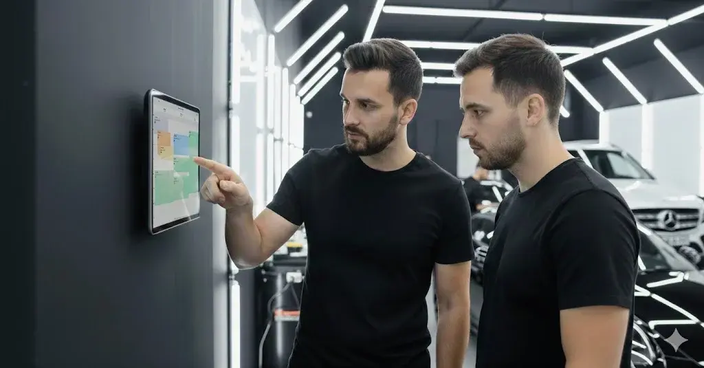 Pracownicy myjni korzystający z tabletu na hali