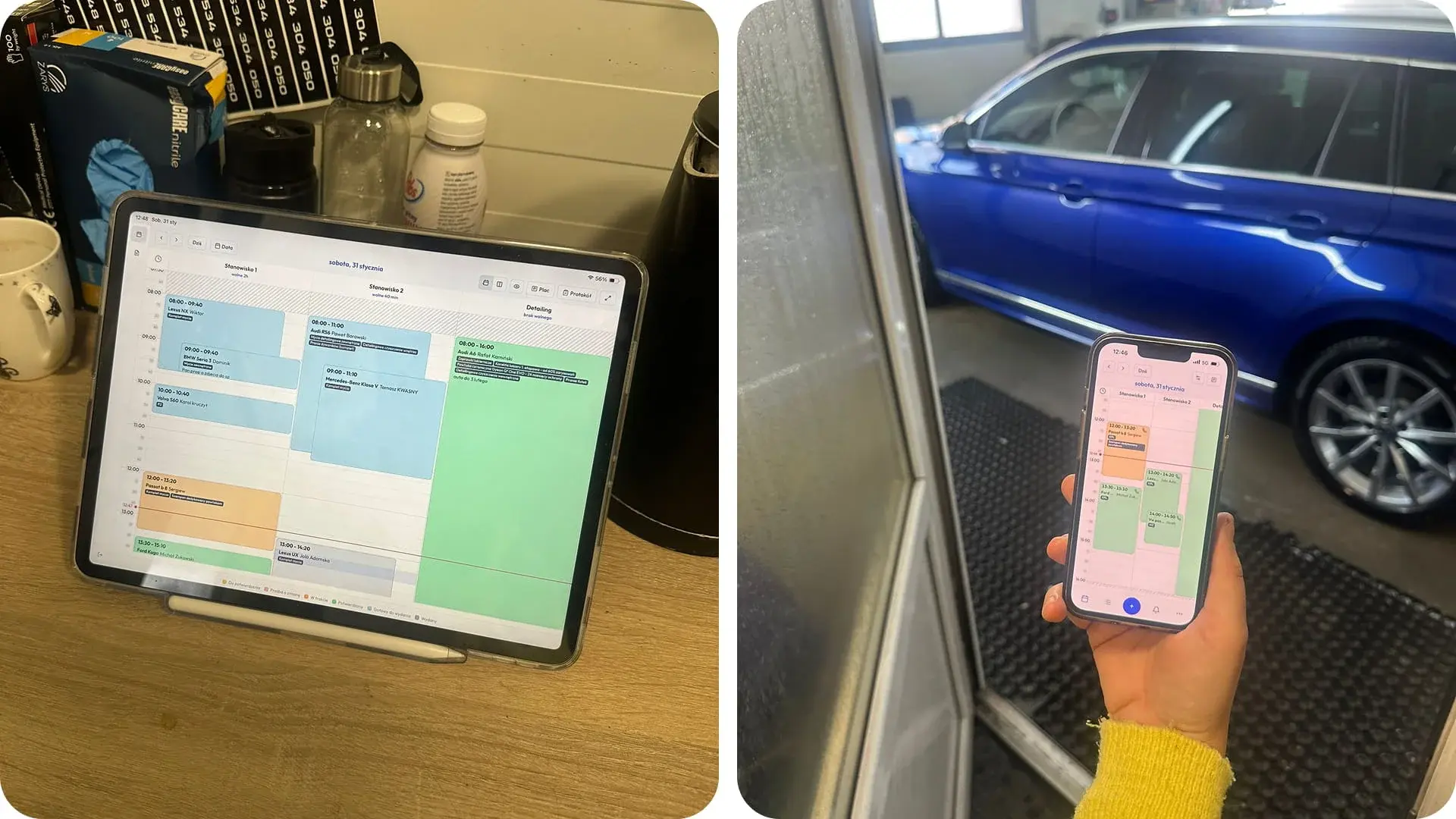Kalendarz Carfect na tablecie i telefonie w studiu detailingowym