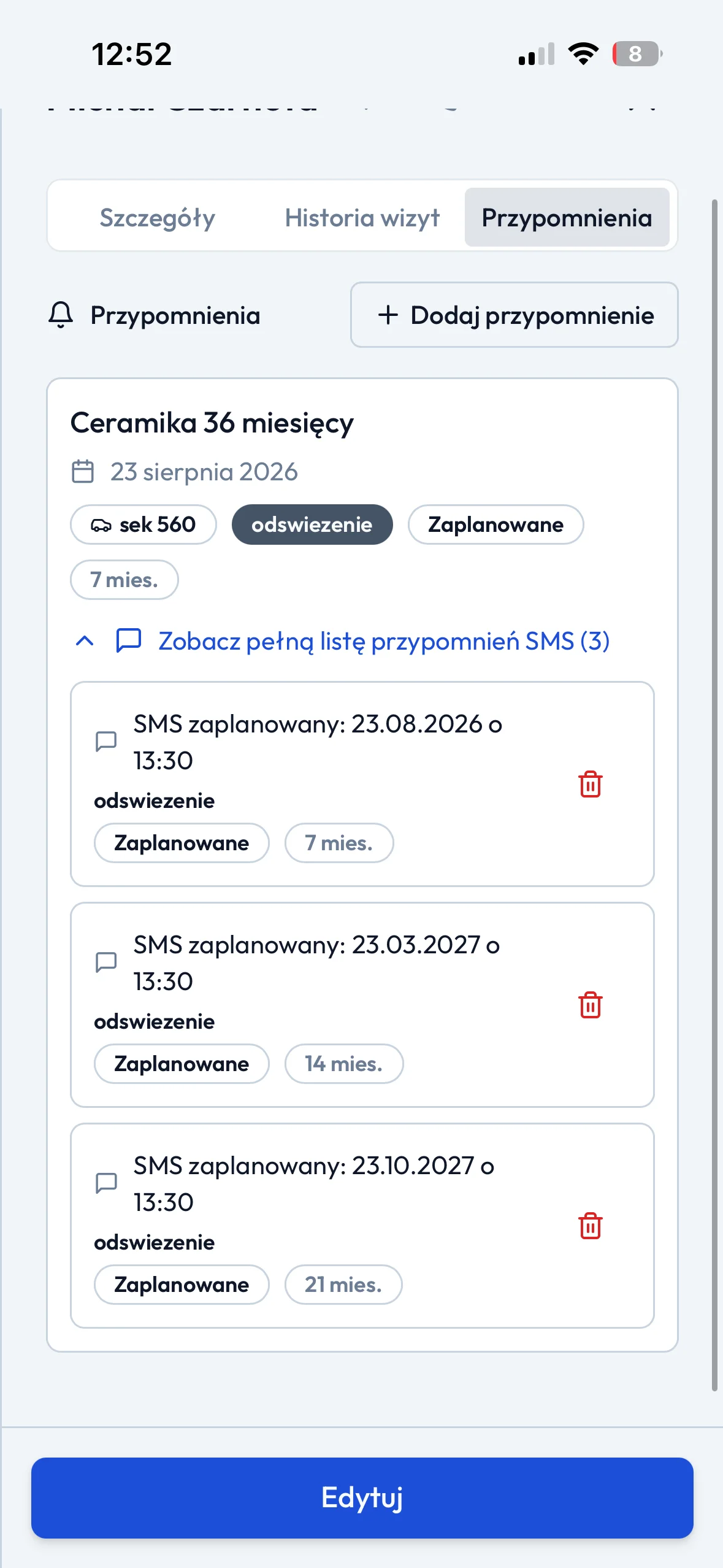 SMS z przypomnieniem o wizycie w myjni wysłany automatycznie przez Carfect